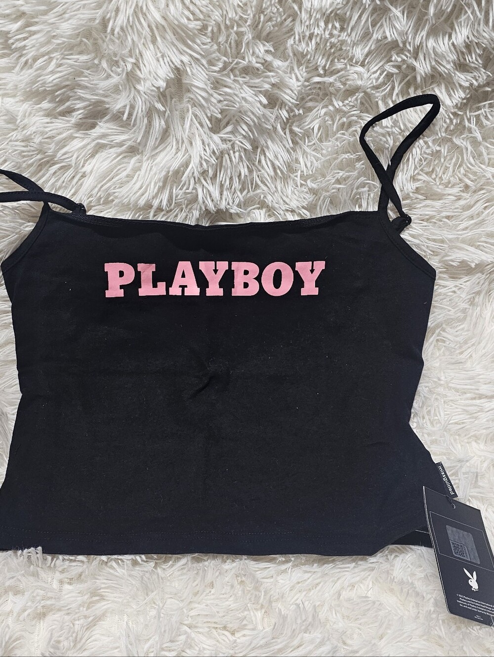 Playboy NWT Cami Tank Top Black With Pink PLAYBOY Logo Sleeveless Cotton Stretch